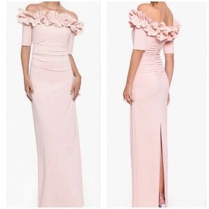 NWT Xscape Isla Off Shoulder Ruffle Ruched Gown Blush Pink Size 10